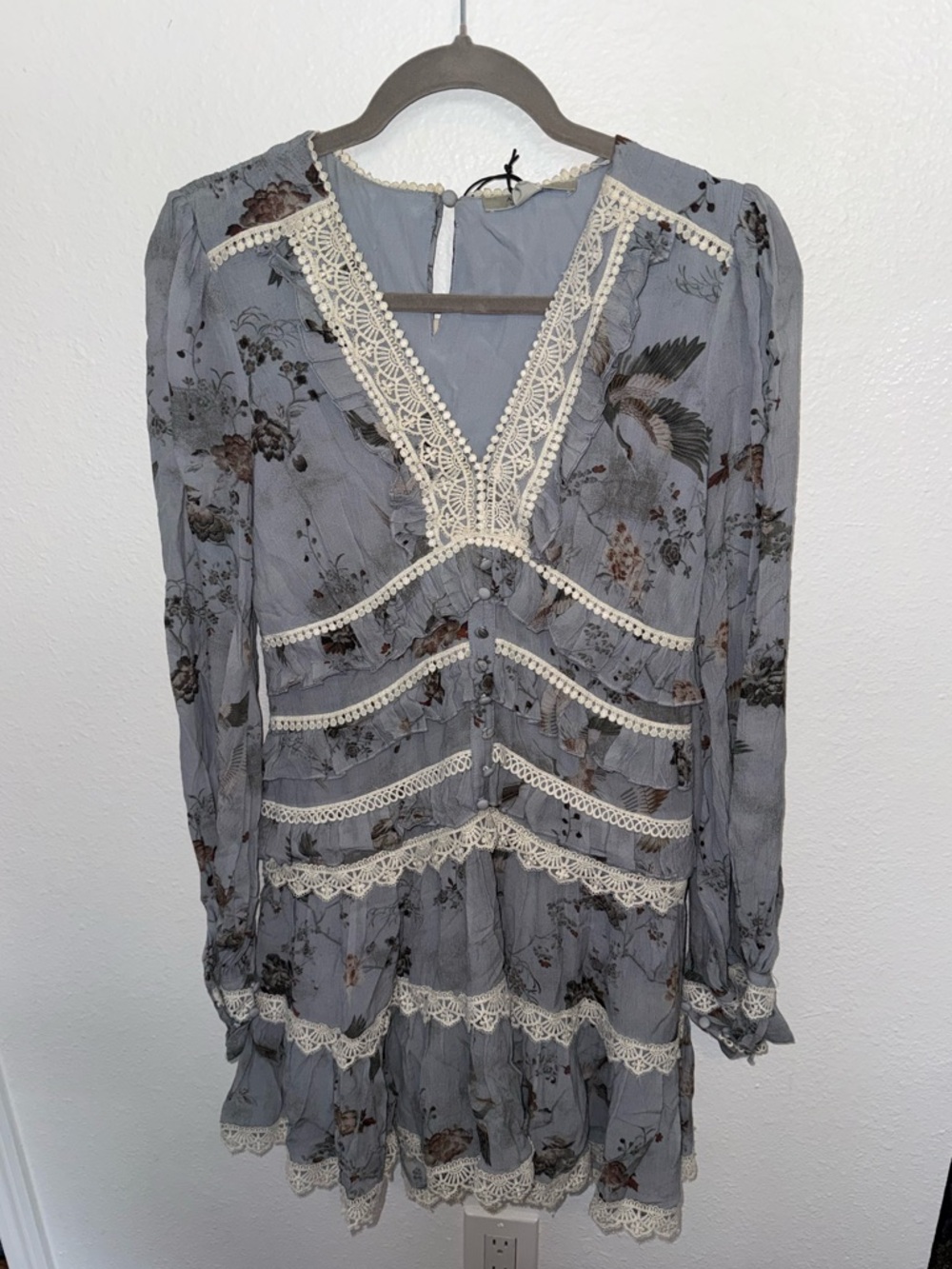 AllSaints Lace-Trim V-Neck Dress in Light Blue and Ivory
